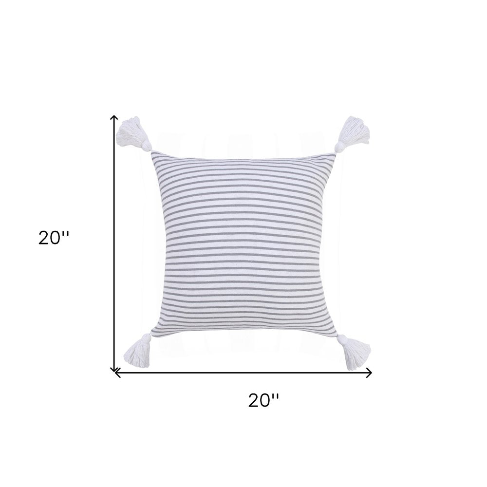 20" X 20" Black And White 100% Cotton Striped Zippered Pillow