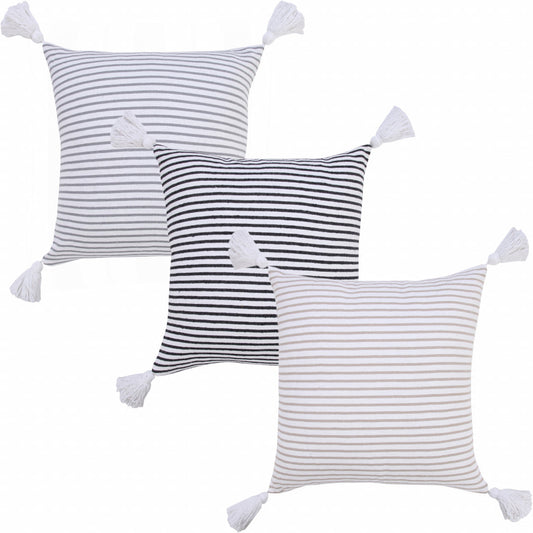 20" X 20" Light Gray And White 100% Cotton Striped Zippered Pillow