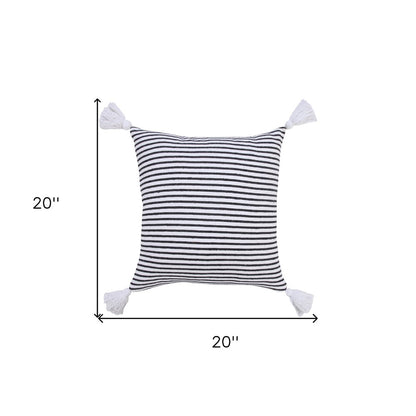 20" X 20" Black And White 100% Cotton Striped Zippered Pillow