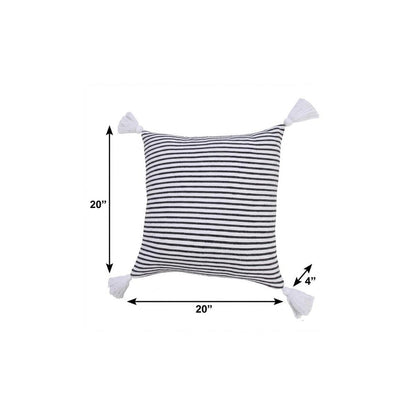 20" X 20" Black And White 100% Cotton Striped Zippered Pillow