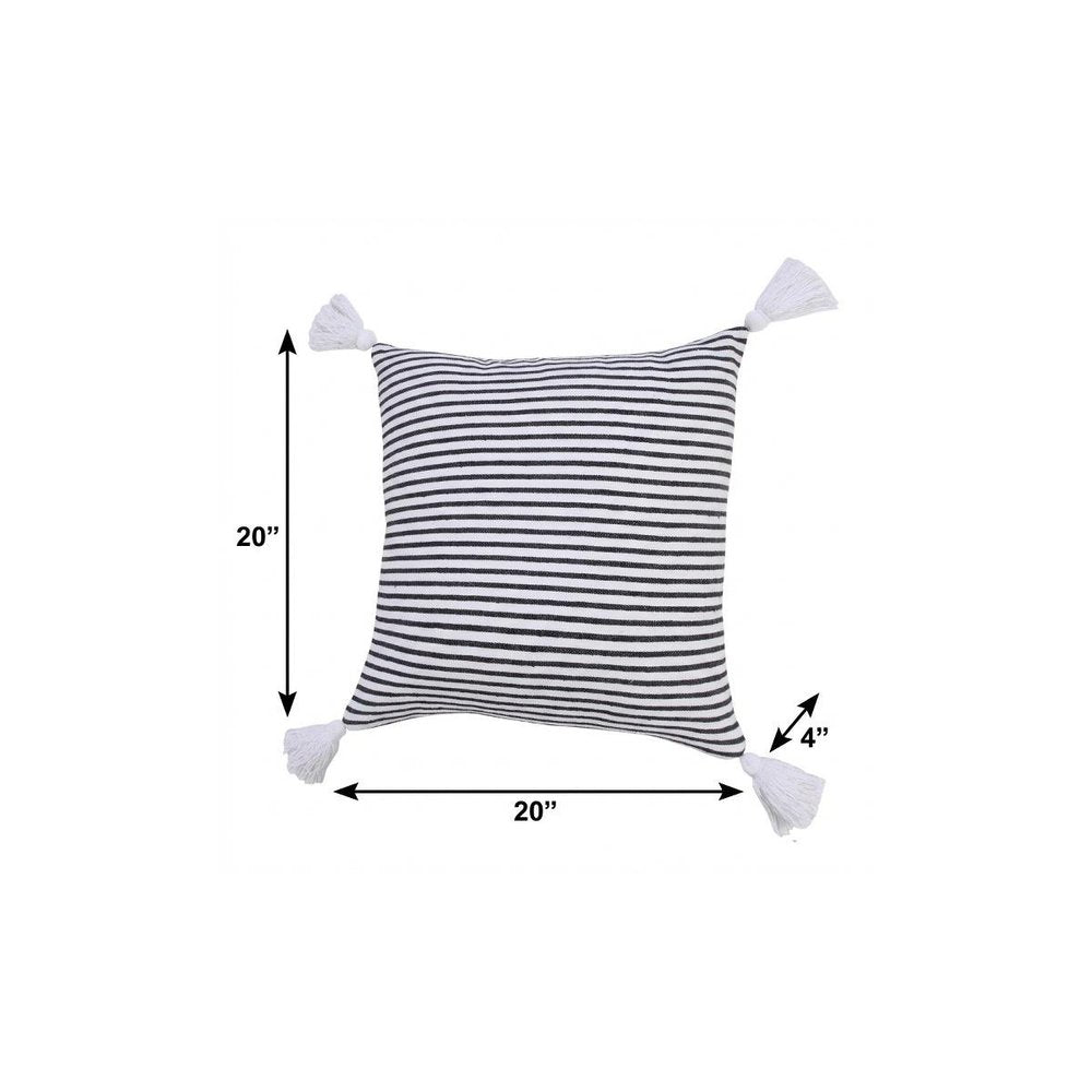 20" X 20" Black And White 100% Cotton Striped Zippered Pillow