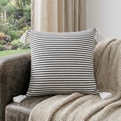 20" X 20" Black And White 100% Cotton Striped Zippered Pillow