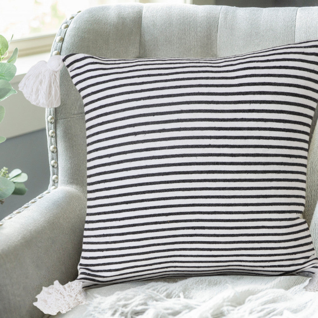 20" X 20" Light Gray And White 100% Cotton Striped Zippered Pillow