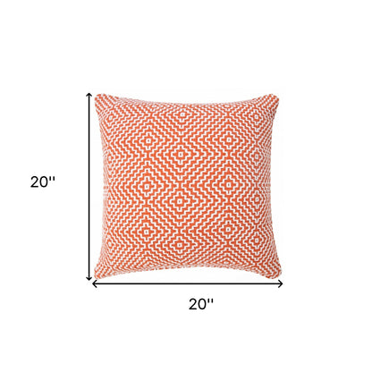 20" X 20" Orange And White 100% Cotton Geometric Zippered Pillow