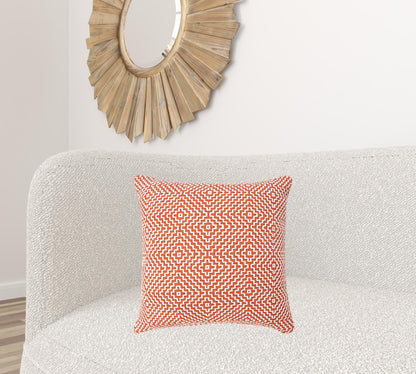 20" X 20" Orange And White 100% Cotton Geometric Zippered Pillow