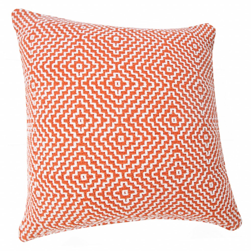 20" Orange And White Geometric Cotton Throw Pillow