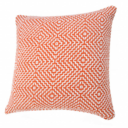 20" X 20" Orange And White 100% Cotton Geometric Zippered Pillow