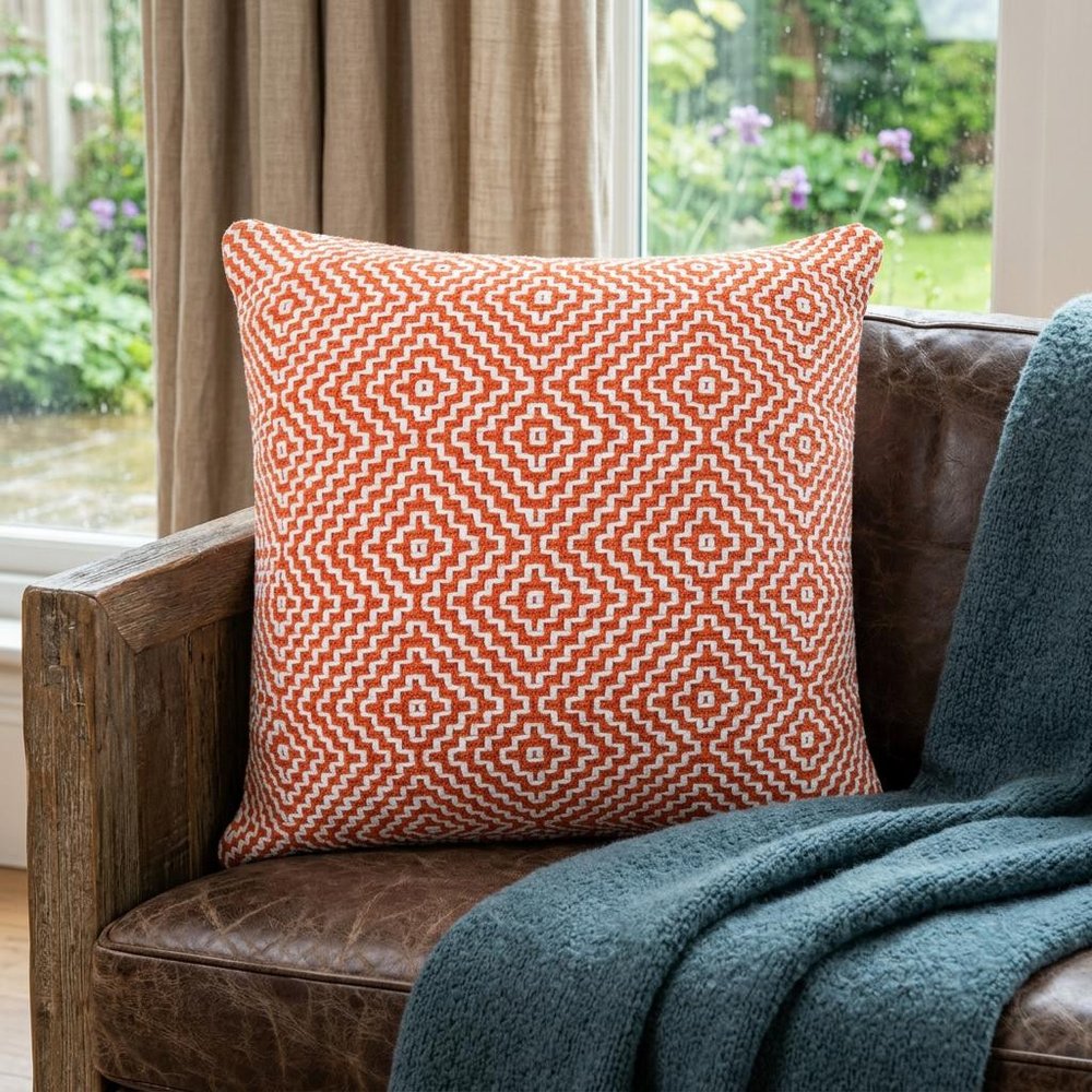 20" X 20" Orange And White 100% Cotton Geometric Zippered Pillow