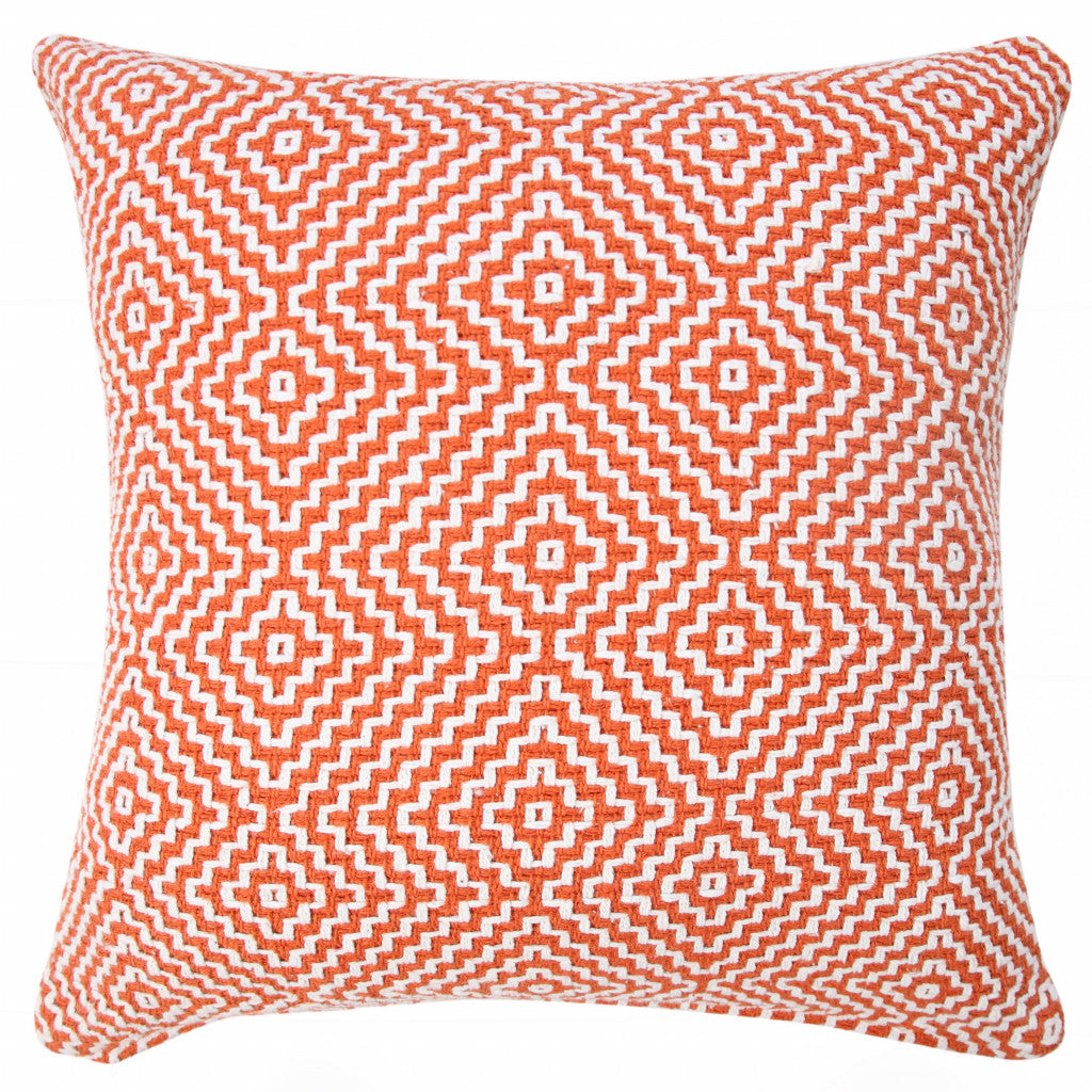 20" X 20" Orange And White 100% Cotton Geometric Zippered Pillow