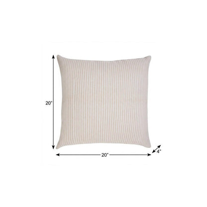 20" X 20" Beige And White 100% Cotton Striped Zippered Pillow