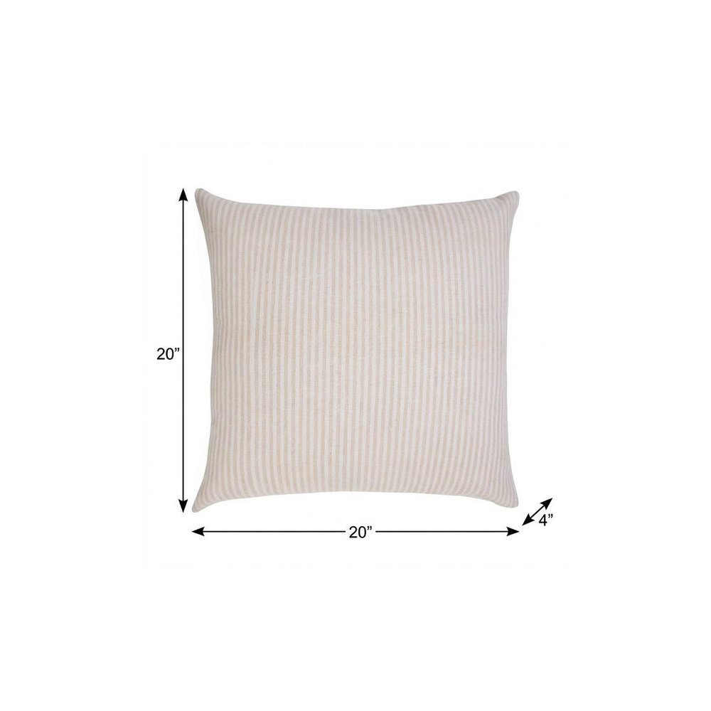 20" X 20" Beige And White 100% Cotton Striped Zippered Pillow