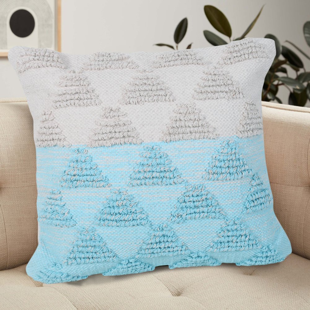 20" X 20" Bright Blue And Off-White 100% Cotton Geometric Zippered Pillow