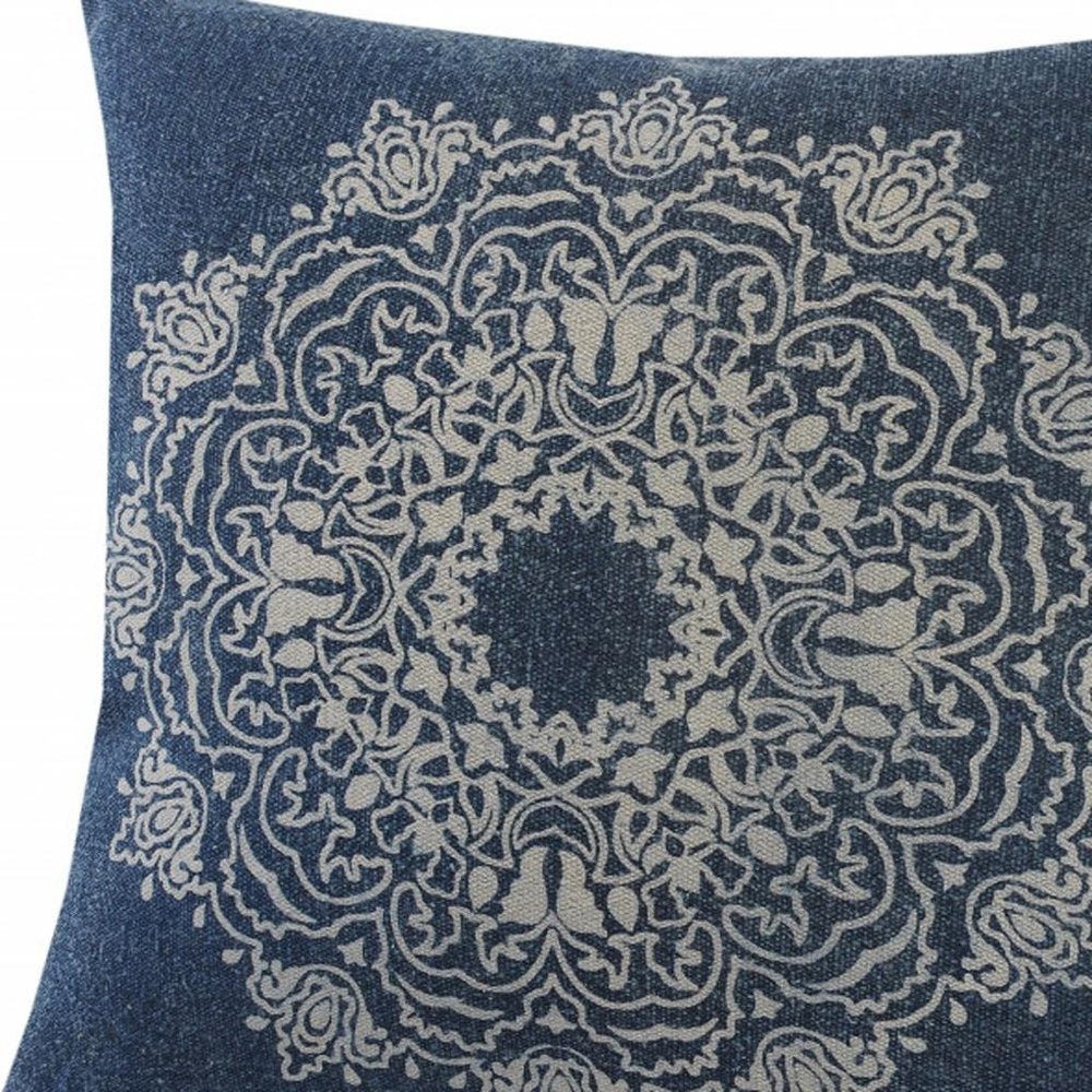 20" X 20" Blue And White 100% Cotton Geometric Zippered Pillow