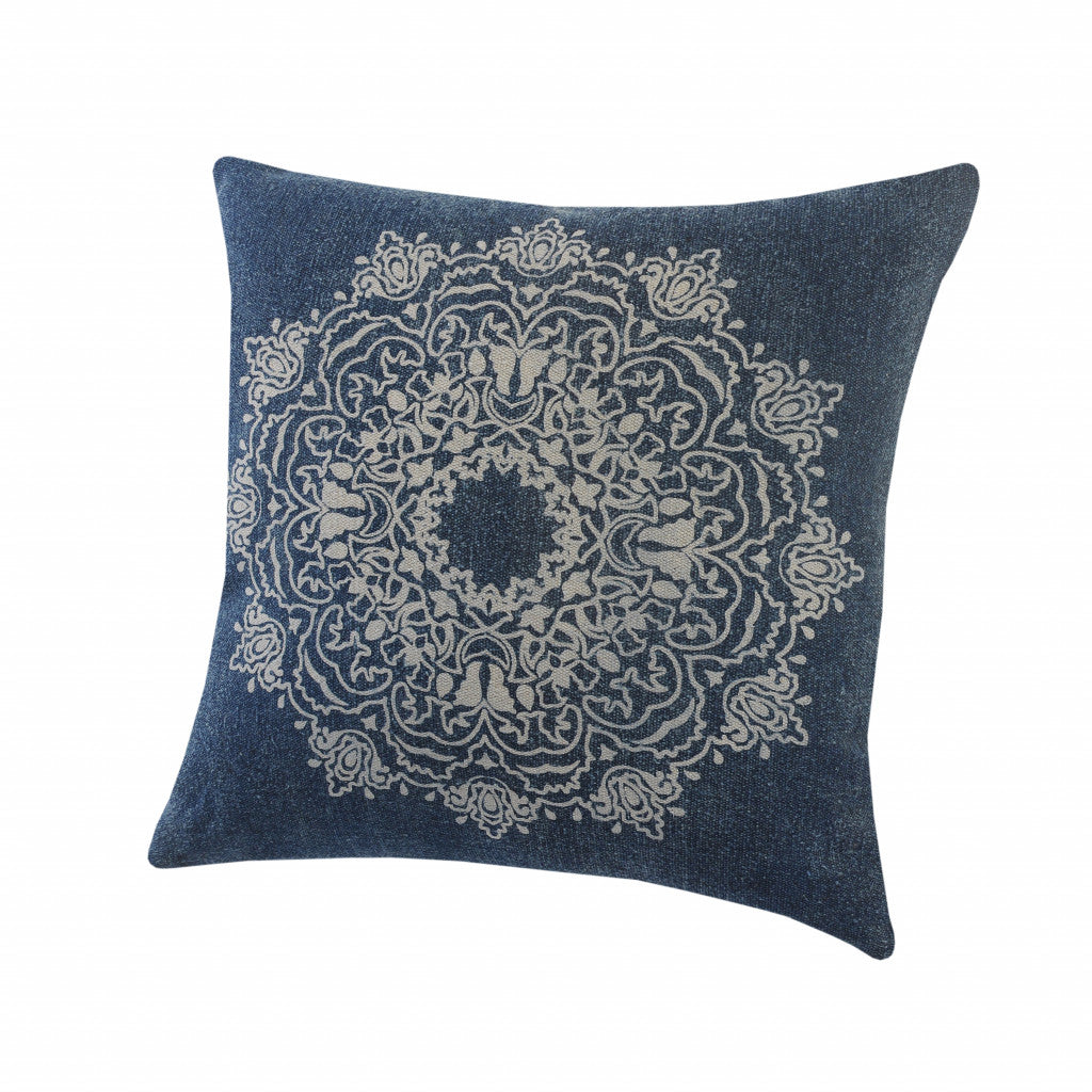 20" X 20" Blue And White 100% Cotton Geometric Zippered Pillow