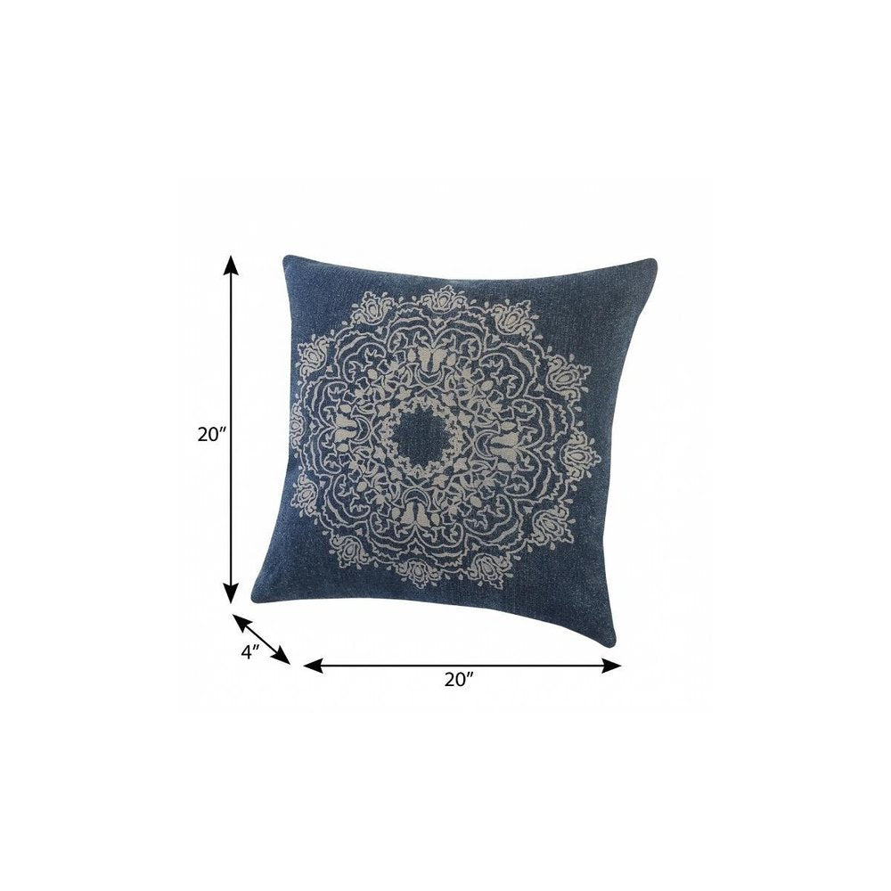 20" X 20" Blue And White 100% Cotton Geometric Zippered Pillow