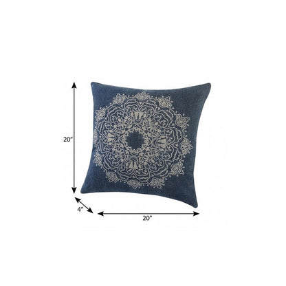 20" X 20" Blue And White 100% Cotton Geometric Zippered Pillow