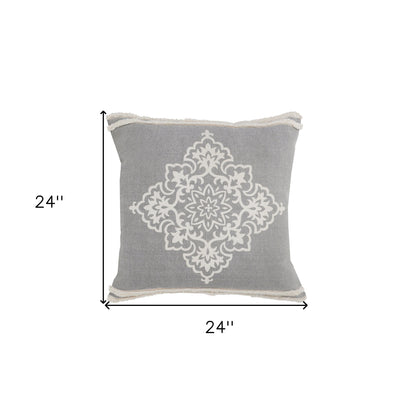 24" X 24" Light Gray And White 100% Cotton Geometric Zippered Pillow