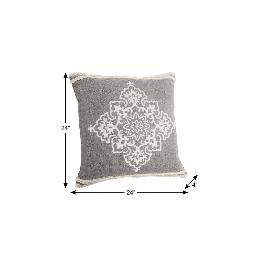 24" X 24" Light Gray And White 100% Cotton Geometric Zippered Pillow