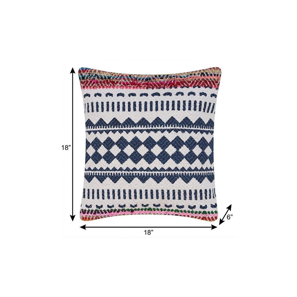 18" X 18" Blue White Red And Yellow 100% Cotton Striped Zippered Pillow