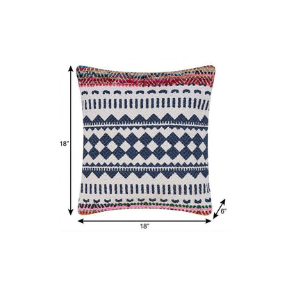 18" X 18" Blue White Red And Yellow 100% Cotton Striped Zippered Pillow