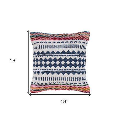 18" X 18" Blue White Red And Yellow 100% Cotton Striped Zippered Pillow