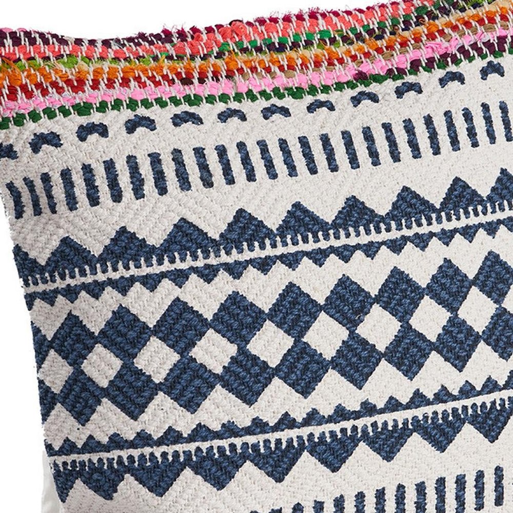 18" X 18" Blue White Red And Yellow 100% Cotton Striped Zippered Pillow
