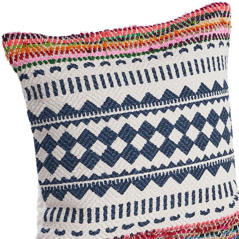 18" X 18" Blue White Red And Yellow 100% Cotton Striped Zippered Pillow