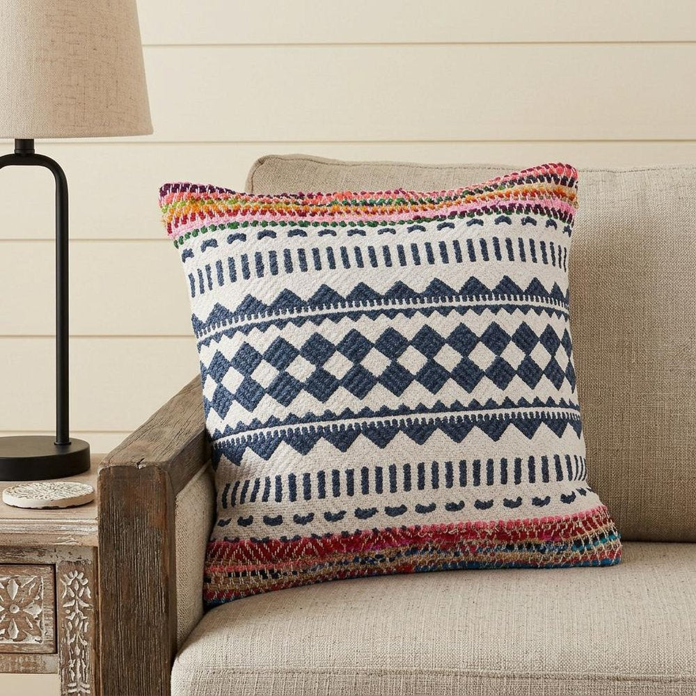 18" X 18" Blue White Red And Yellow 100% Cotton Striped Zippered Pillow