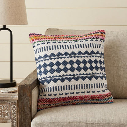 18" X 18" Blue White Red And Yellow 100% Cotton Striped Zippered Pillow