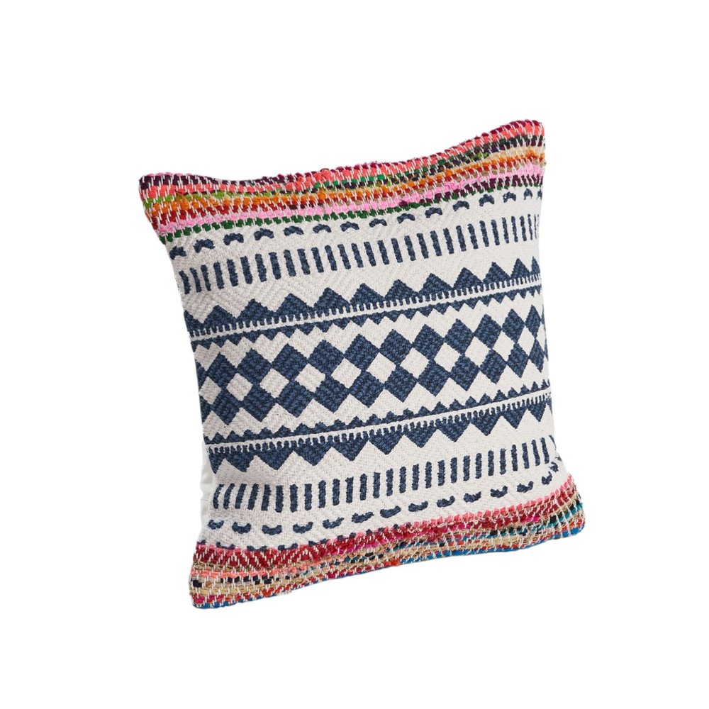 18" X 18" Blue White Red And Yellow 100% Cotton Striped Zippered Pillow