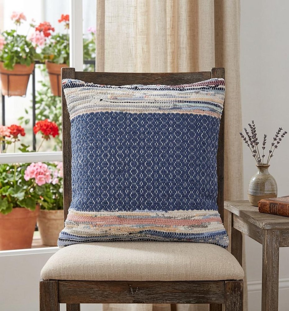 18" X 18" Blue White Red And Yellow 100% Cotton Striped Zippered Pillow