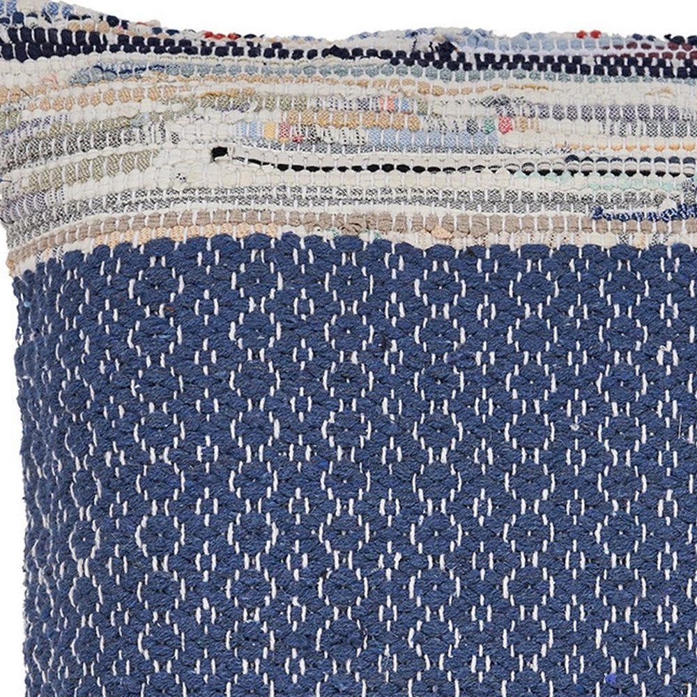 18" X 18" Blue White Red And Yellow 100% Cotton Striped Zippered Pillow