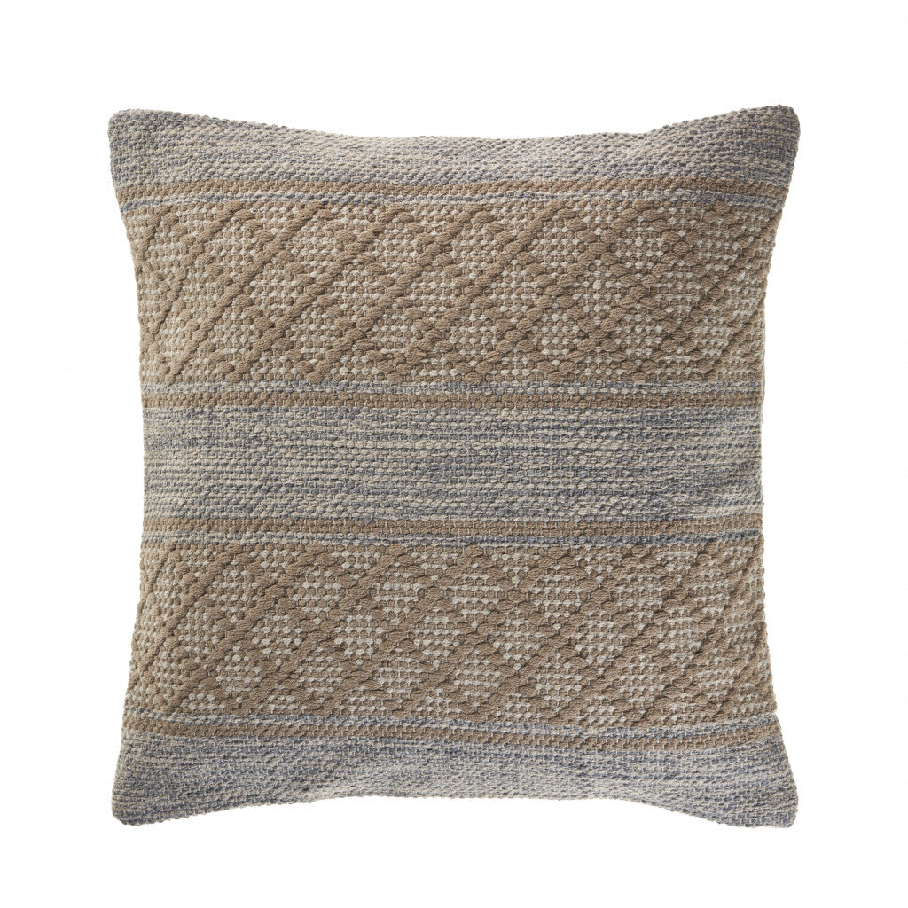 20" X 20" Beige And Grayish Blue 100% Cotton Geometric Zippered Pillow