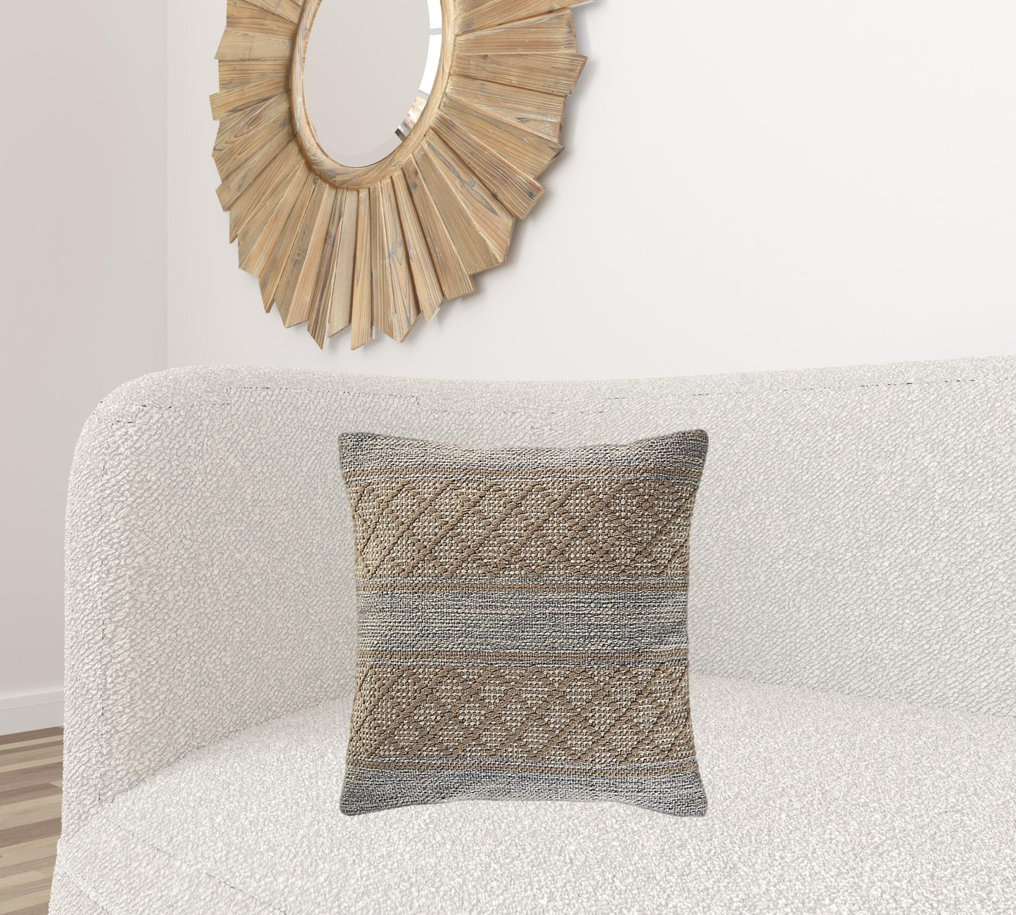 20" X 20" Beige And Grayish Blue 100% Cotton Geometric Zippered Pillow