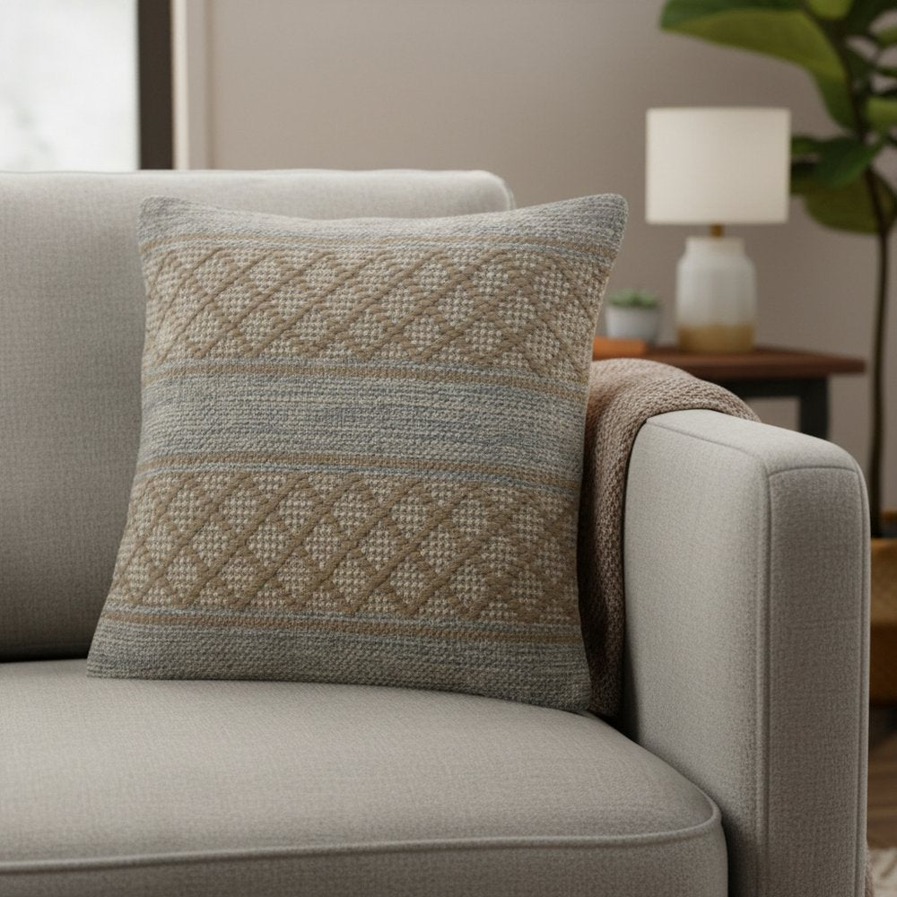 20" Beige And Gray Cotton Geometric Throw Pillow