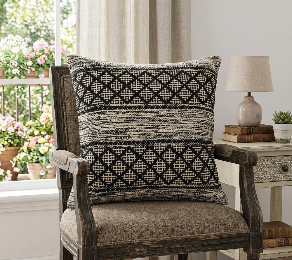 20" Beige And Gray Cotton Geometric Throw Pillow