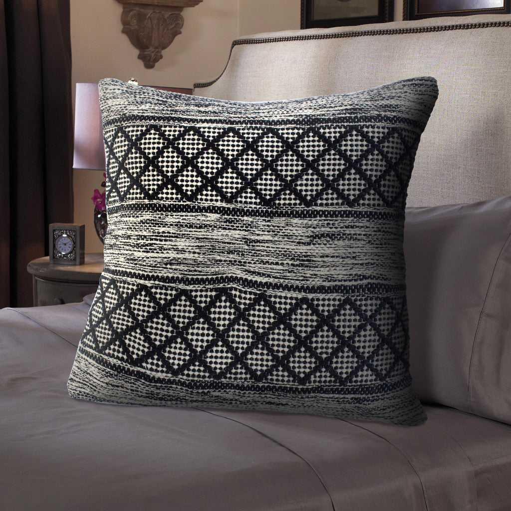 20" X 20" Beige And Grayish Blue 100% Cotton Geometric Zippered Pillow