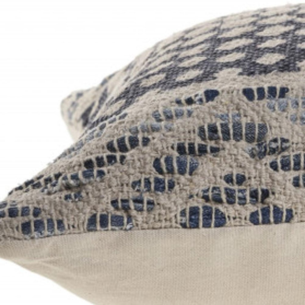 20" X 20" Denim Blue And Ivory 100% Cotton Chevron Zippered Pillow