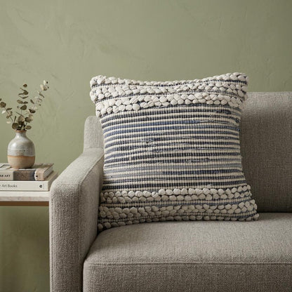 18" X 18" Blue And Ivory 100% Cotton Geometric Zippered Pillow