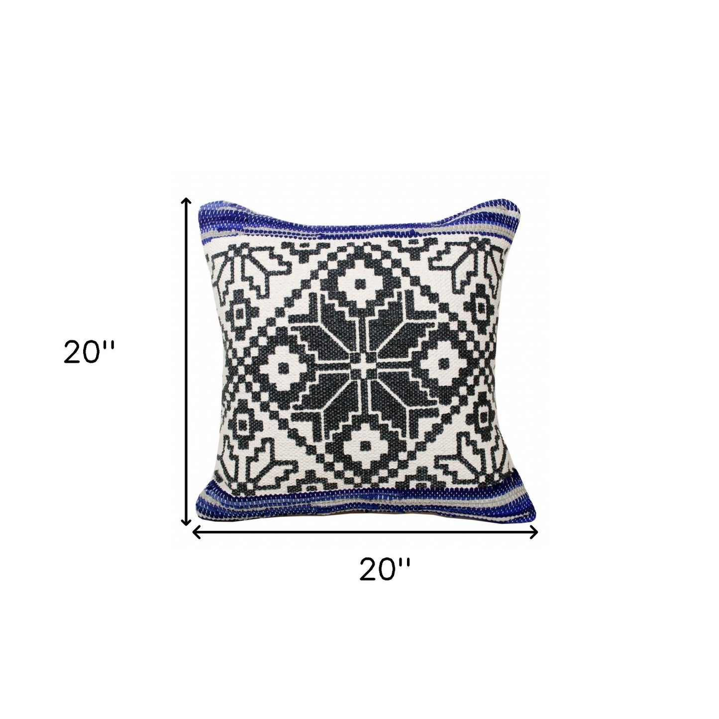 20" X 20" Blue Navy Gray And White 100% Cotton Geometric Zippered Pillow