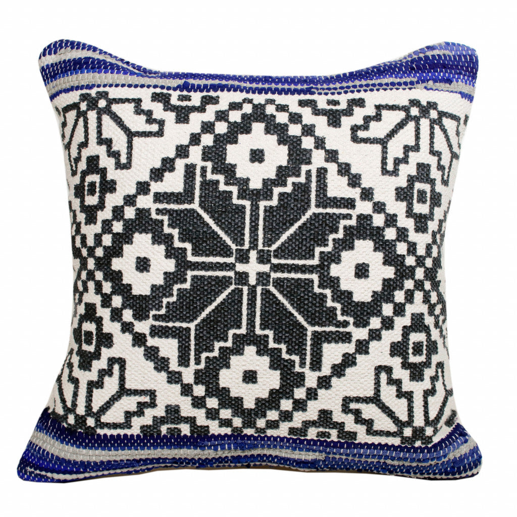 20" X 20" Blue Navy Gray And White 100% Cotton Geometric Zippered Pillow