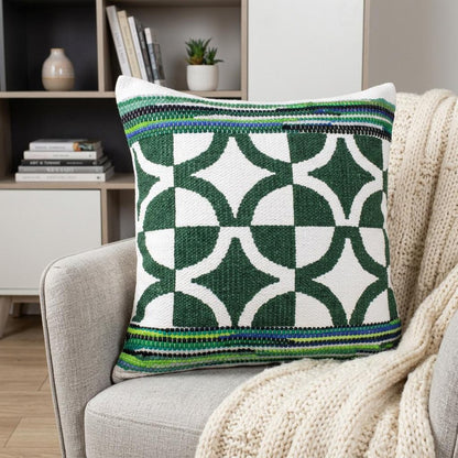 20" Green and White Cotton Throw Pillow