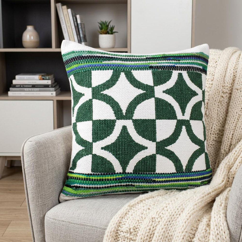 20" Green and White Cotton Throw Pillow