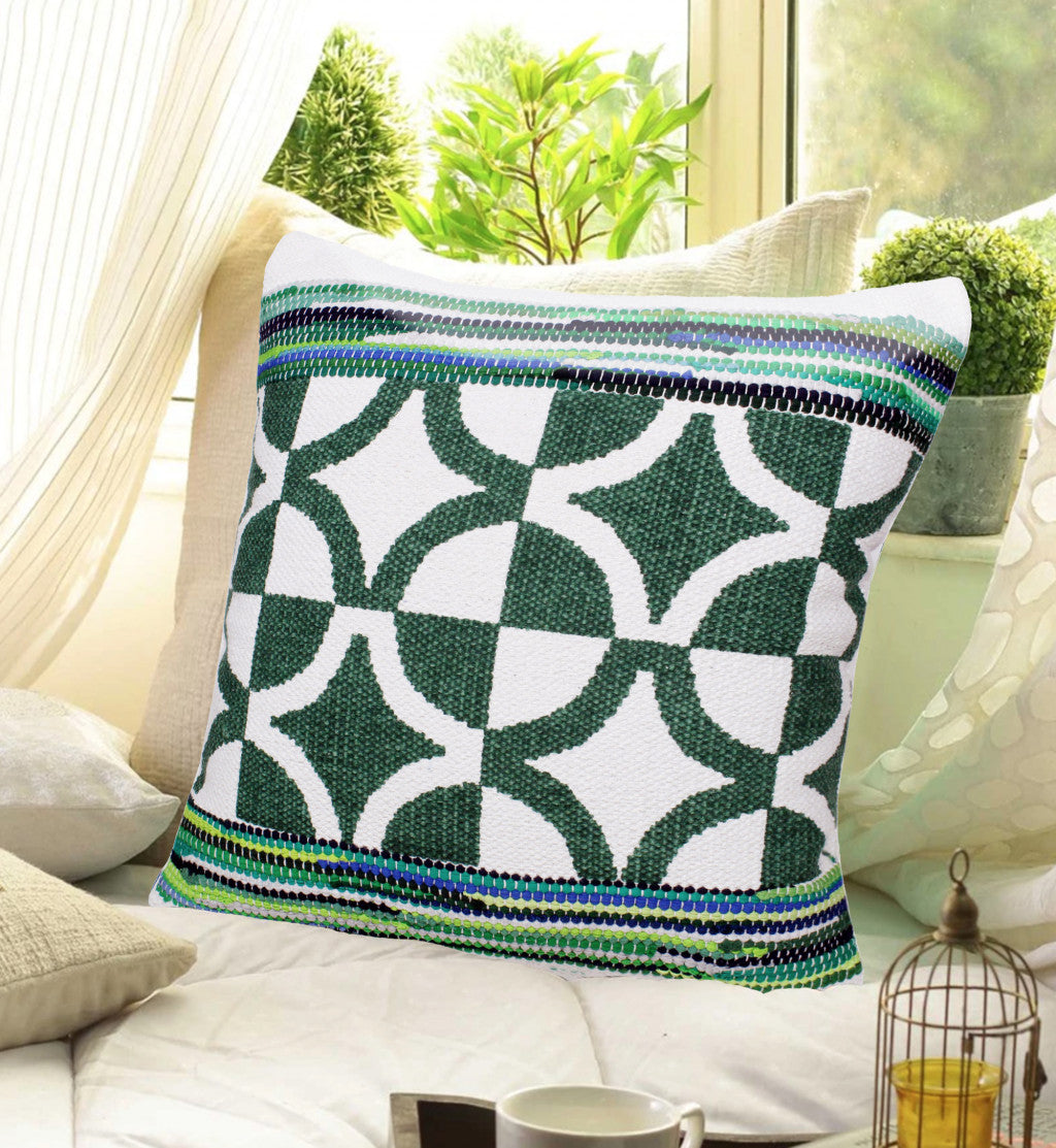 20" Green and White Cotton Throw Pillow