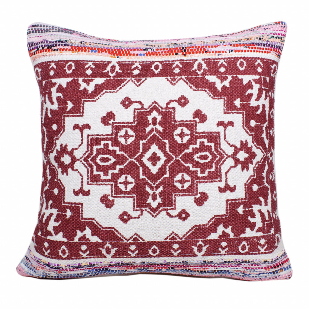 20" X 20" Red White Purple And Pink 100% Cotton Geometric Zippered Pillow