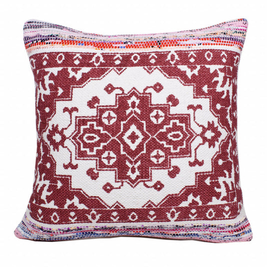 20" X 20" Red White Purple And Pink 100% Cotton Geometric Zippered Pillow