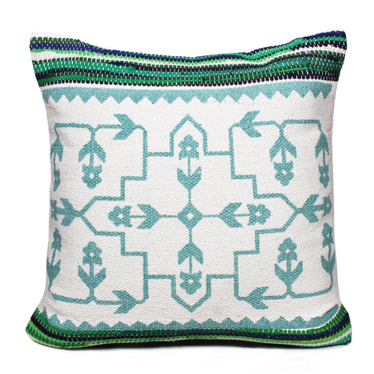 20" X 20" Green White And Blue 100% Cotton Geometric Zippered Pillow