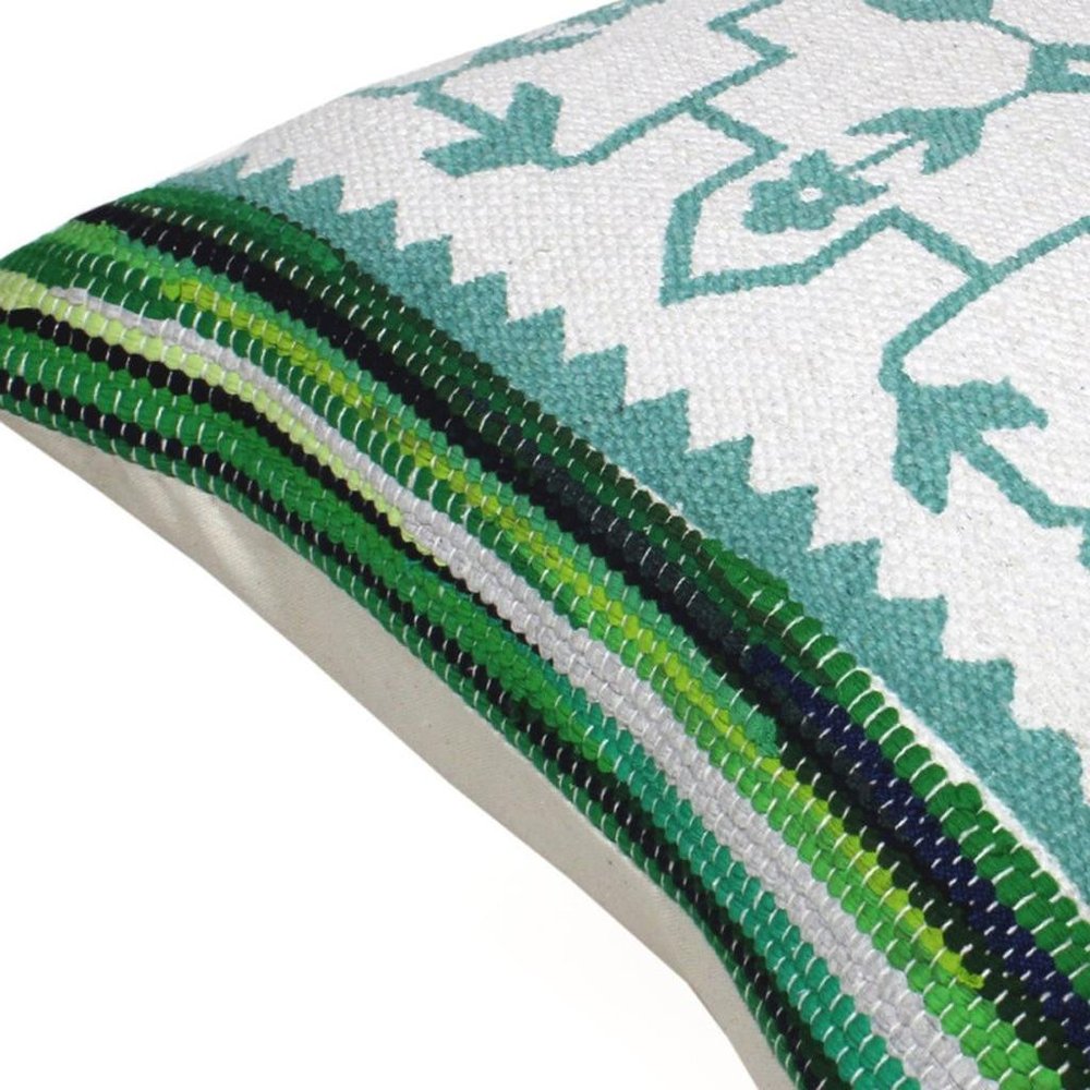 20" X 20" Green White And Blue 100% Cotton Geometric Zippered Pillow