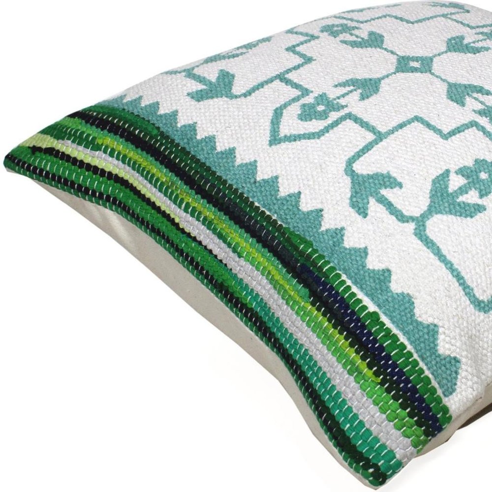 20" X 20" Green White And Blue 100% Cotton Geometric Zippered Pillow