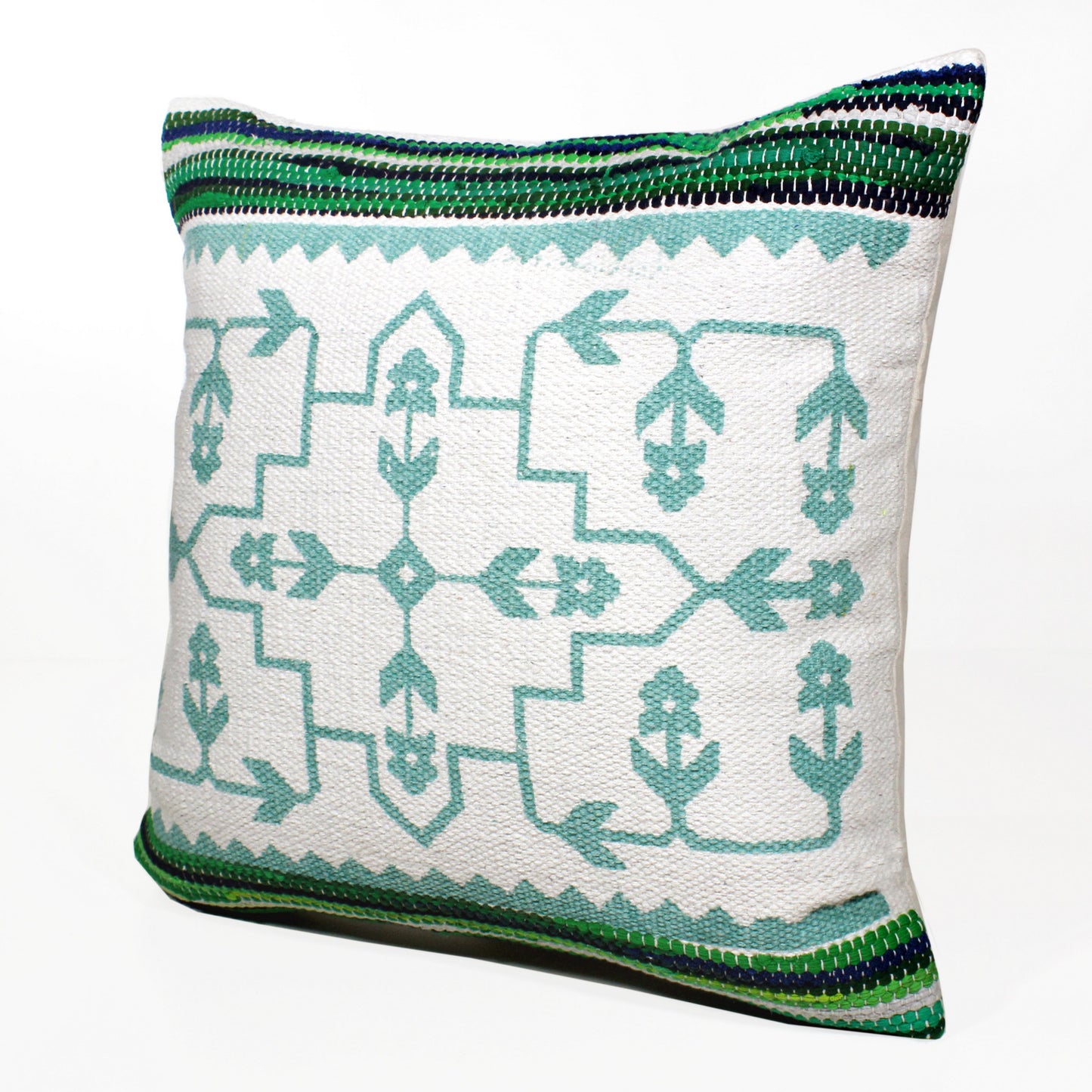 20" X 20" Green White And Blue 100% Cotton Geometric Zippered Pillow